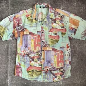 Men's Vintage 90s BTX Venetian Venice Italy Canal All Over Print Polo Shirt Sz L